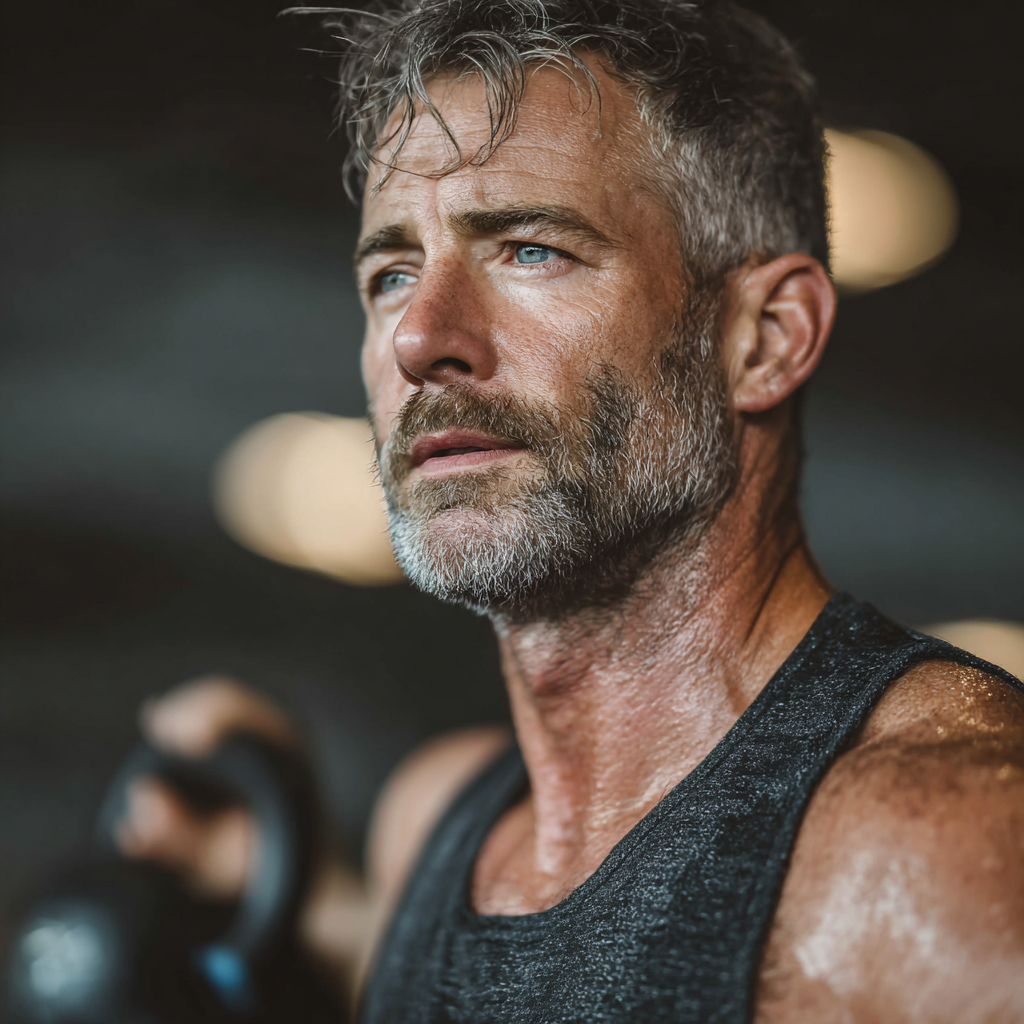 A athletic man in his early 50s performing crossfit exercises with kettlebells in a spacious gym, showing focus and proper form