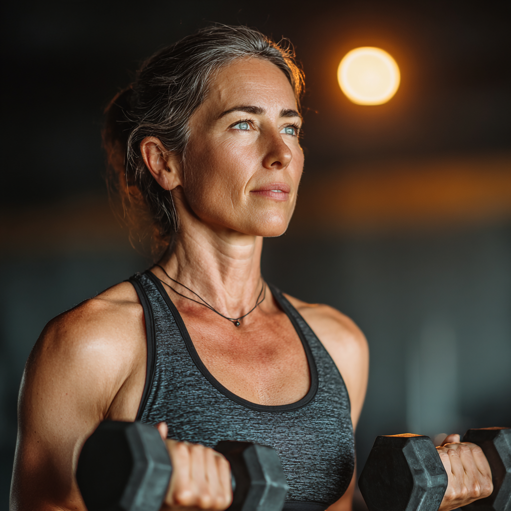A confident woman in her late 40s doing strength training exercises with dumbbells in a modern gym, wearing athletic wear and showing determination