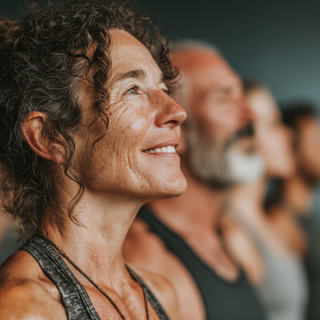 Group of diverse people aged 40-55 exercising together in a bright fitness studio, showing camaraderie and enjoying their workout session
